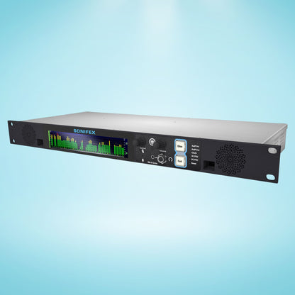 Angled front view of Sonifex RM-X-64-RAV 64-Channel RAVENNA & MADI Reference Monitor on blue background