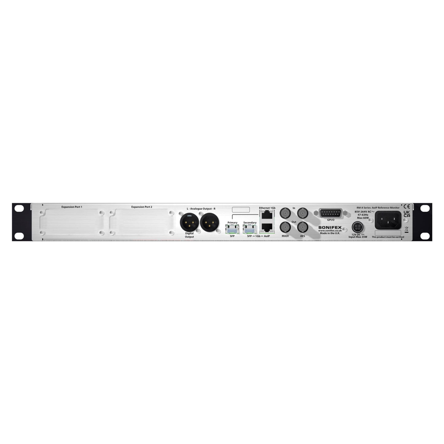 Rear ports view of Sonifex RM-X-64-RAV 64-Channel RAVENNA & MADI Reference Monitor on white background