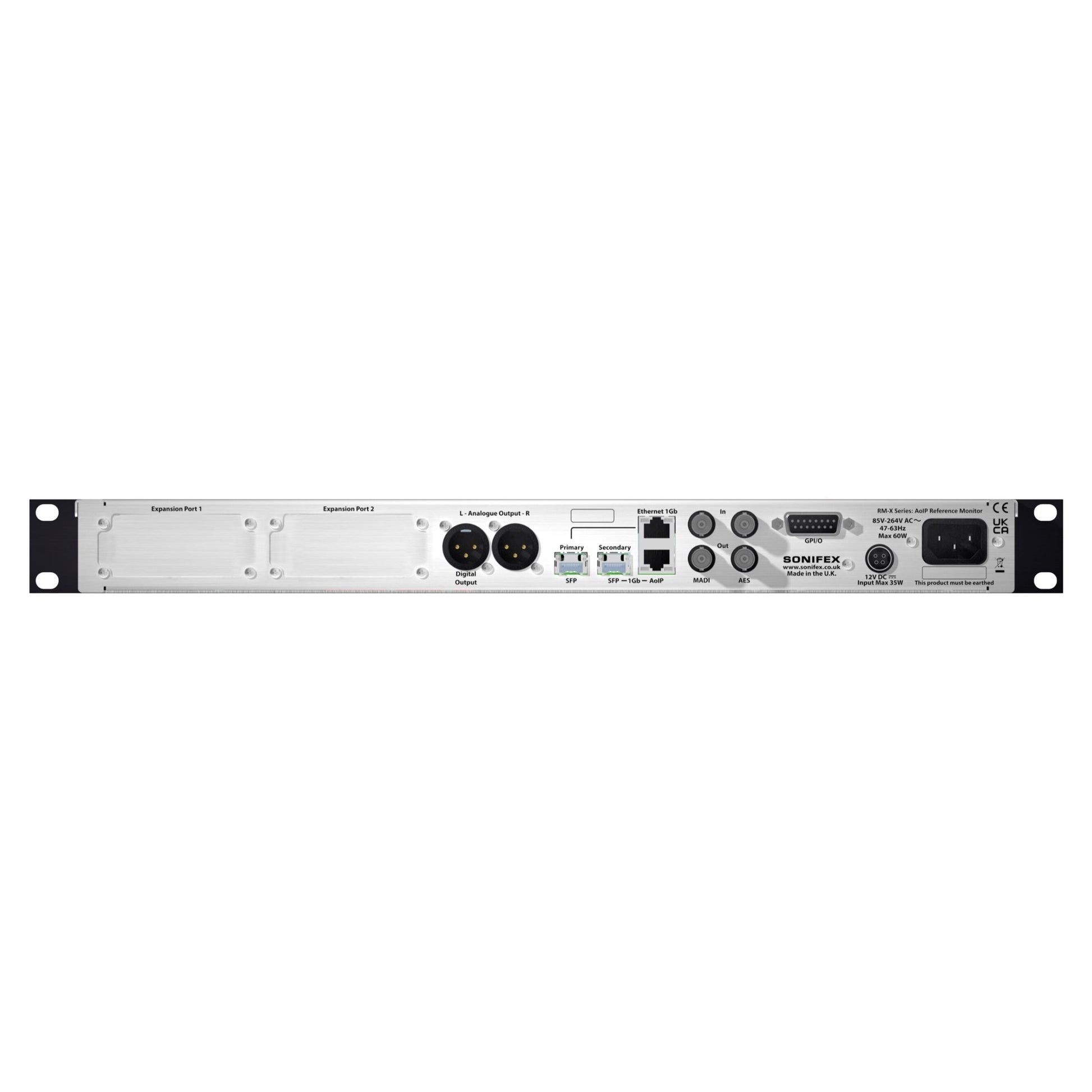 Rear ports view of Sonifex RM-X-64-RAV 64-Channel RAVENNA & MADI Reference Monitor on white background