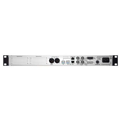 Rear ports view of Sonifex RM-X-64-RAV 64-Channel RAVENNA & MADI Reference Monitor on white background