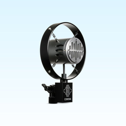 Angled view of Sontronics CORONA Live Vocal Dynamic Microphone on blue background