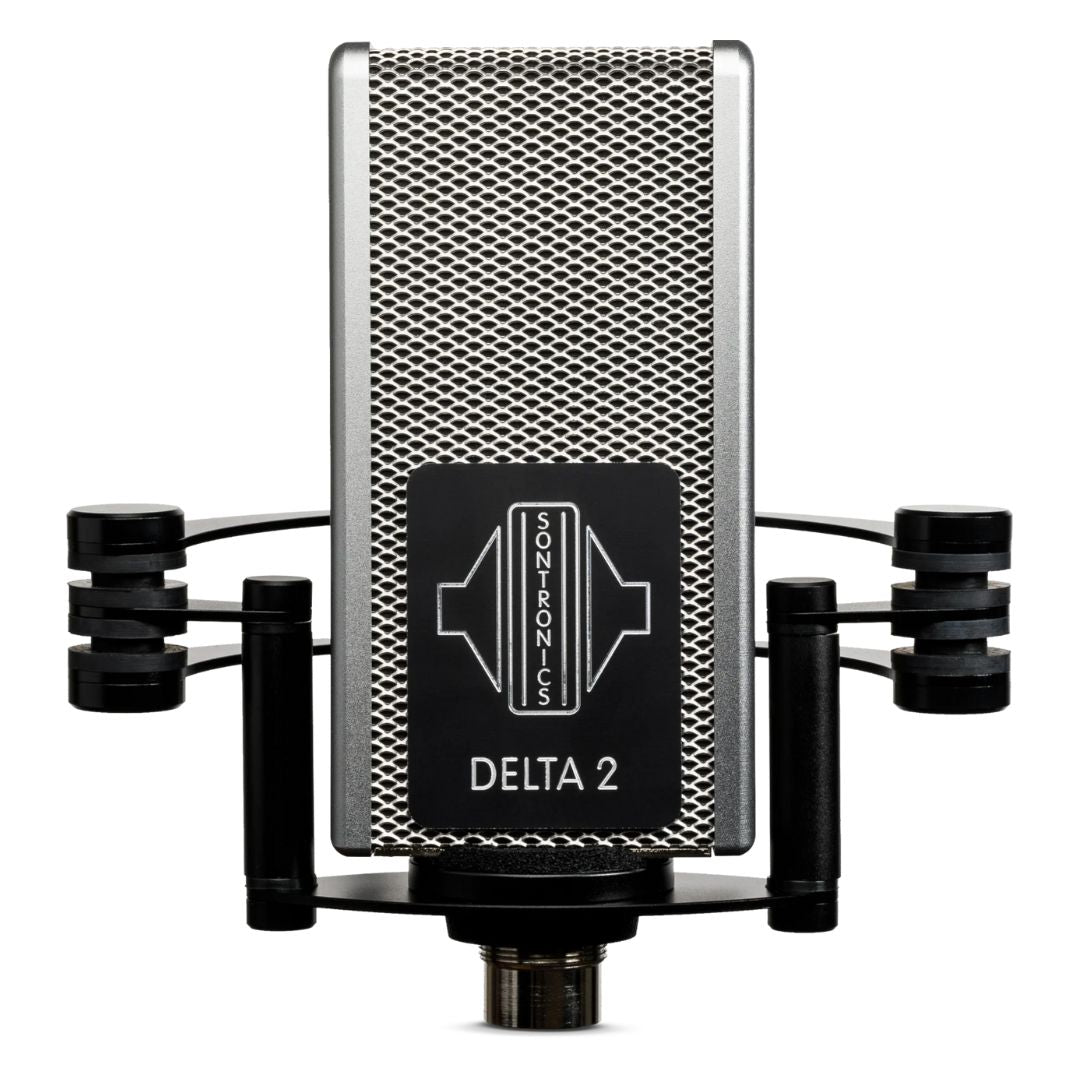 Front view of Sontronics DELTA 2 Rugged Ribbon Microphone on shockmount on white background