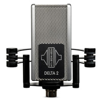 Front view of Sontronics DELTA 2 Rugged Ribbon Microphone on shockmount on white background
