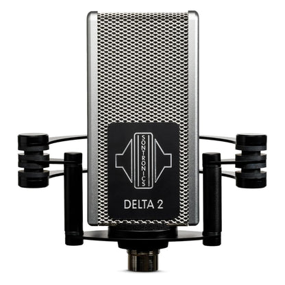 Front view of Sontronics DELTA 2 Rugged Ribbon Microphone on shockmount on white background