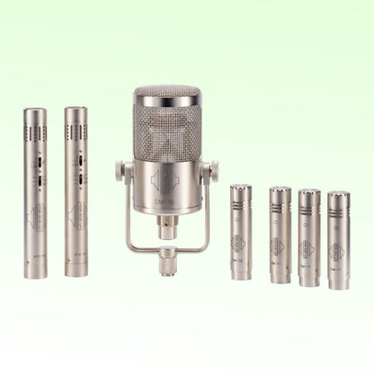 Front view of Sontronics DRUMPACK PLUS 7x Piece Drum Microphone Set on green background