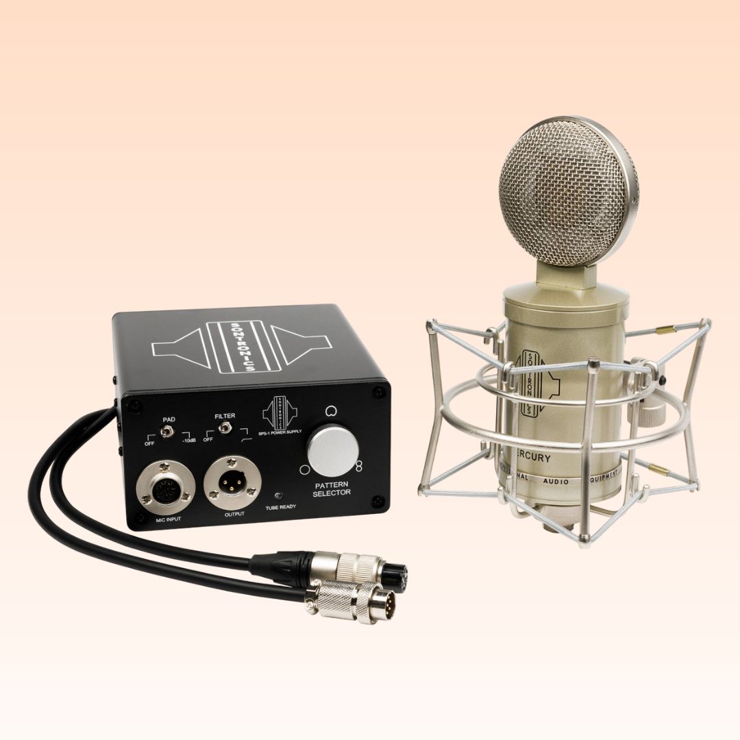 Angled view of Sontronics MERCURY Variable-Pattern Valve Condenser Microphone and its Variable Pattern controller on orange background