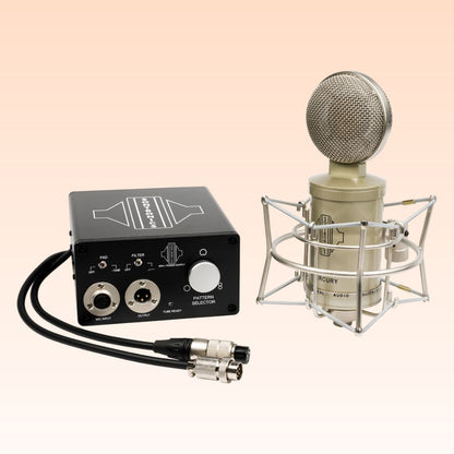 Angled view of Sontronics MERCURY Variable-Pattern Valve Condenser Microphone and its Variable Pattern controller on orange background