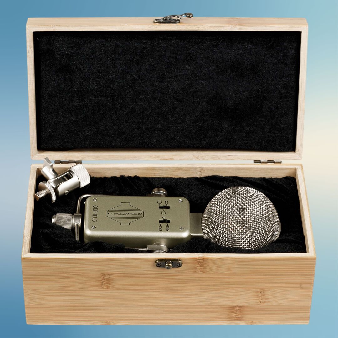 Sontronics ORPHEUS Multi-Pattern Condenser Microphone in wooden case on blue background
