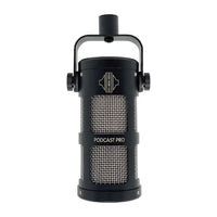 Front view of Sontronics Podcast Pro Supercardioid Dynamic Broadcast Microphone Black on white background