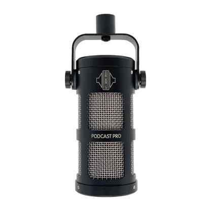 Front view of Sontronics Podcast Pro Supercardioid Dynamic Broadcast Microphone Black on white background