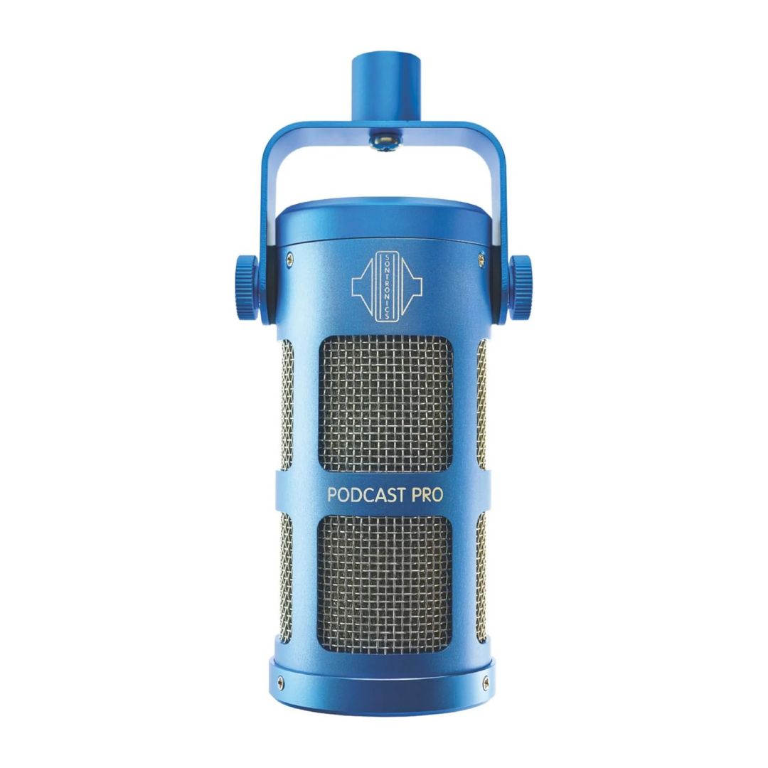 Front view of Sontronics Podcast Pro Supercardioid Dynamic Broadcast Microphone Blue on white background