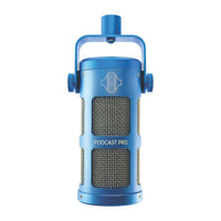 Front view of Sontronics Podcast Pro Supercardioid Dynamic Broadcast Microphone Blue on white background