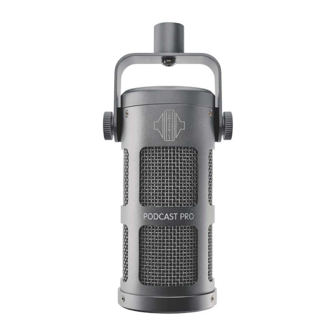 Front view of Sontronics Podcast Pro Supercardioid Dynamic Broadcast Microphone Cosmic Grey on white background