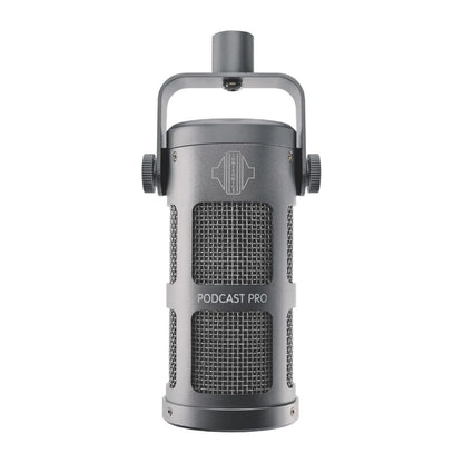 Front view of Sontronics Podcast Pro Supercardioid Dynamic Broadcast Microphone Cosmic Grey on white background