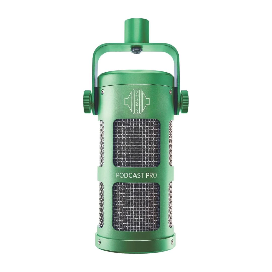 Front view of Sontronics Podcast Pro Supercardioid Dynamic Broadcast Microphone Green on white background