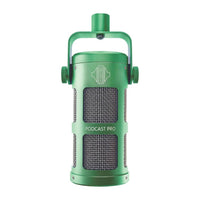 Front view of Sontronics Podcast Pro Supercardioid Dynamic Broadcast Microphone Green on white background