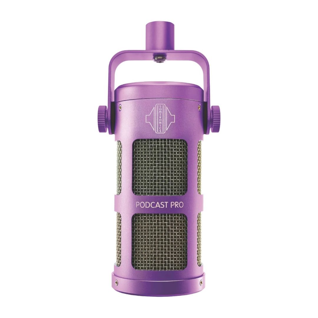 Front view of Sontronics Podcast Pro Supercardioid Dynamic Broadcast Microphone Purple on white background