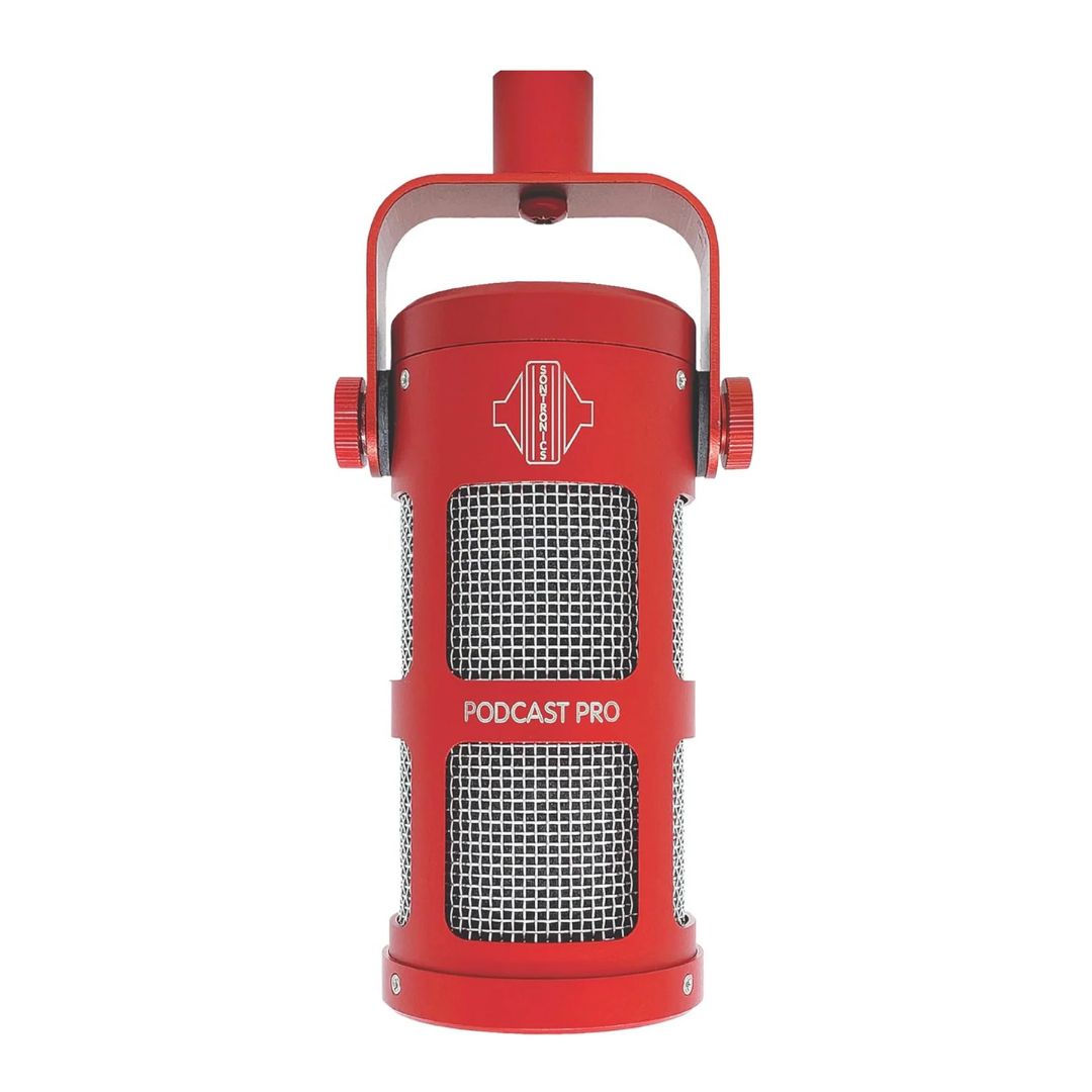 Front view of Sontronics Podcast Pro Supercardioid Dynamic Broadcast Microphone Red on white background