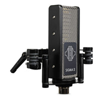 Angled view of Sontronics SIGMA 2 Phantom-Powered Ribbon Microphone on shockmount on white background