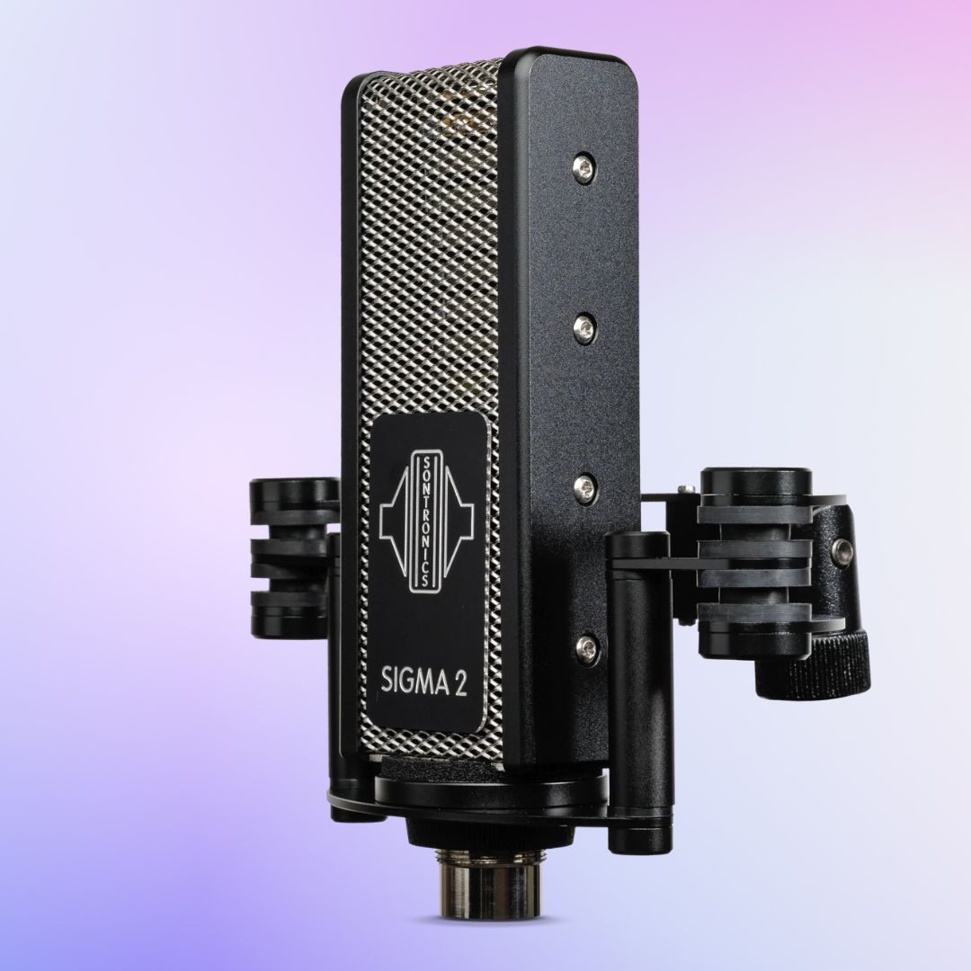 Angled view of Sontronics SIGMA 2 Phantom-Powered Ribbon Microphone on shockmount on purple background