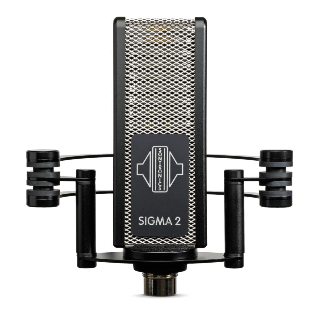 Front view of Sontronics SIGMA 2 Phantom-Powered Ribbon Microphone on shockmount on white background