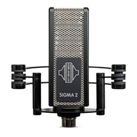 Front view of Sontronics SIGMA 2 Phantom-Powered Ribbon Microphone on shockmount on white background