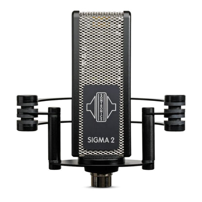 Front view of Sontronics SIGMA 2 Phantom-Powered Ribbon Microphone on shockmount on white background