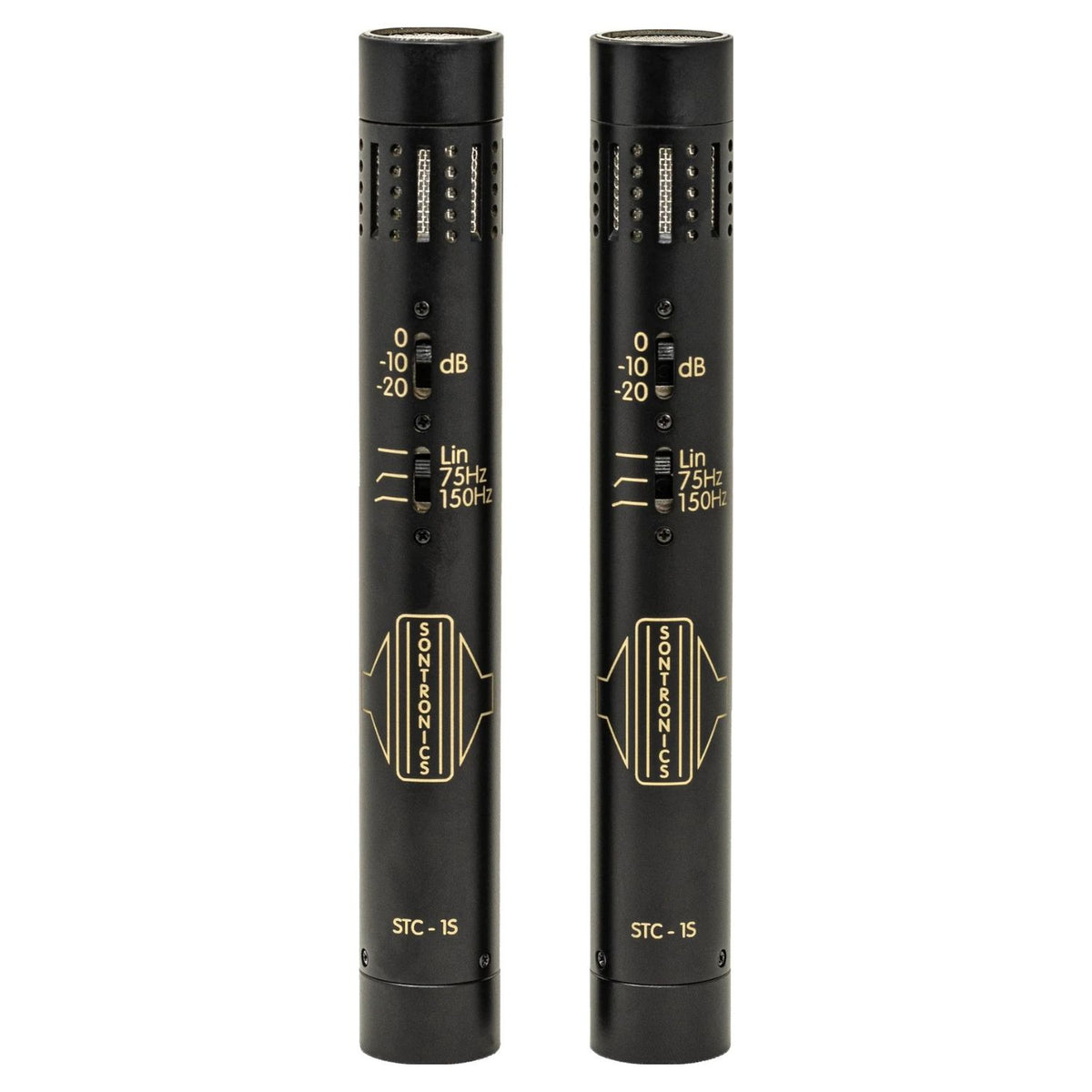 Front view of Sontronics STC-1S Matched Stereo Pair of Condenser Microphones Black on white background