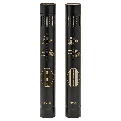 Front view of Sontronics STC-1S Matched Stereo Pair of Condenser Microphones Black on white background