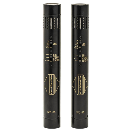 Front view of Sontronics STC-1S Matched Stereo Pair of Condenser Microphones Black on white background