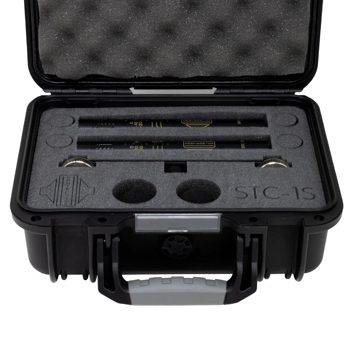 Inclusions of Sontronics STC-1S Matched Stereo Pair of Condenser Microphones Black on white background