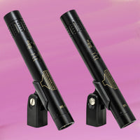 Angled view of mounted Sontronics STC-1S Matched Stereo Pair of Condenser Microphones Black on pink background