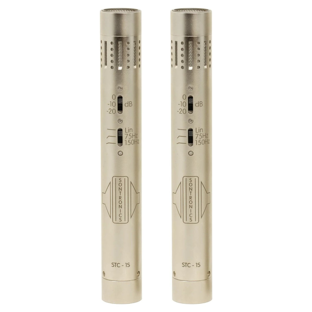 Front view of Sontronics STC-1S Matched Stereo Pair of Condenser Microphones Silver on white background