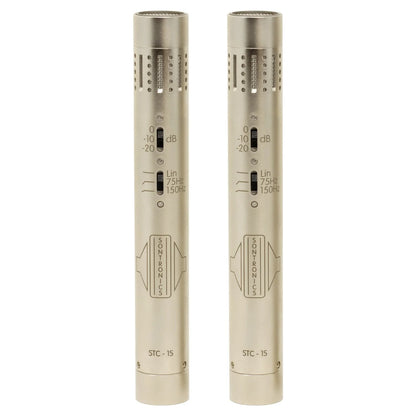 Front view of Sontronics STC-1S Matched Stereo Pair of Condenser Microphones Silver on white background