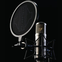 Angled view of Sontronics STC-2 Microphone Silver with windscreen on black background