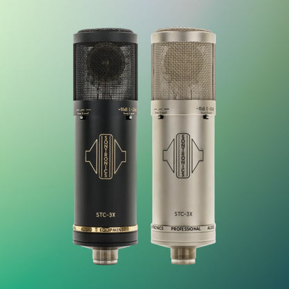 Front view of Sontronics STC-3X Microphone Black and Silver on green background