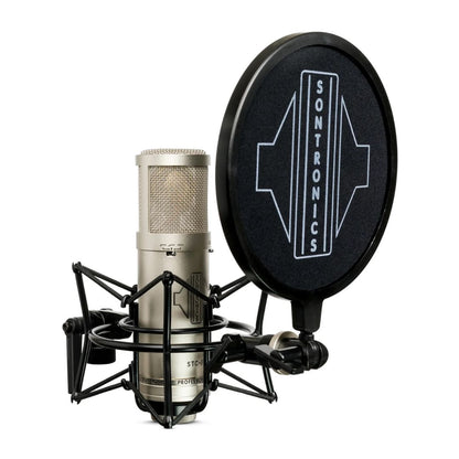 Angled view of Sontronics STC-3X Microphone Silver on white background