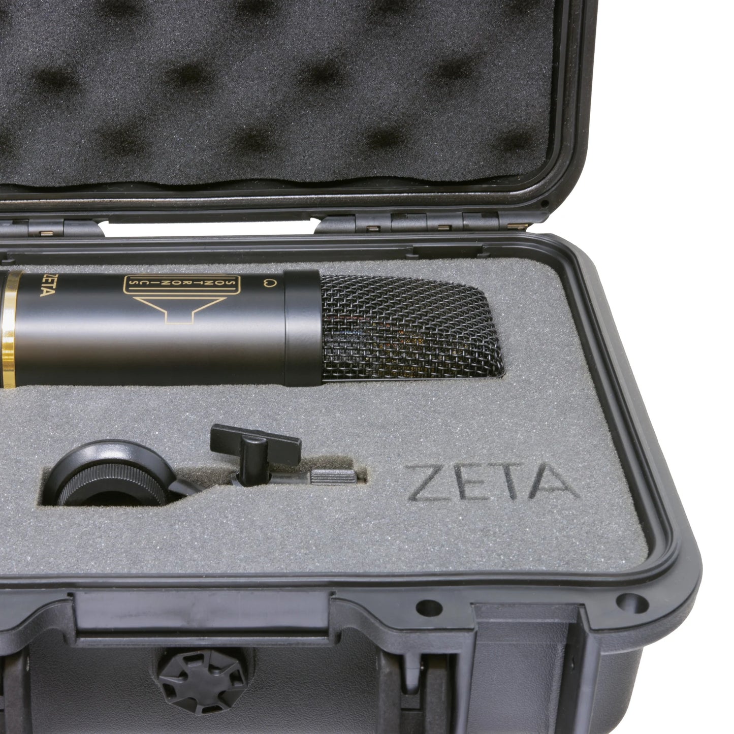 Close up view of Sontronics ZETA JFET Condenser Microphone carrying case with all inclusions inside on white background