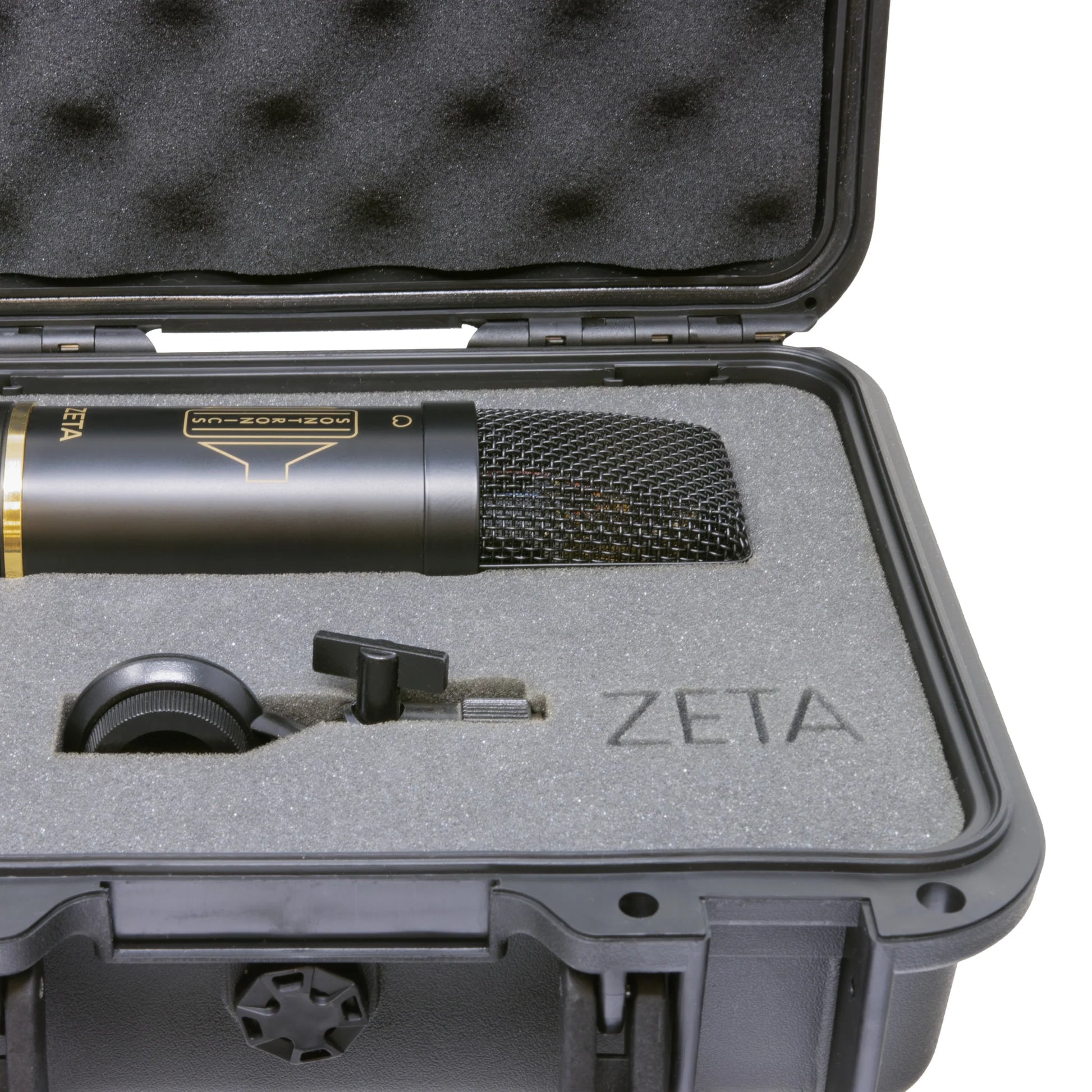 Close up view of Sontronics ZETA JFET Condenser Microphone carrying case with all inclusions inside on white background