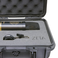Close up view of Sontronics ZETA JFET Condenser Microphone carrying case with all inclusions inside on white background