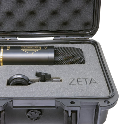 Close up view of Sontronics ZETA JFET Condenser Microphone carrying case with all inclusions inside on white background