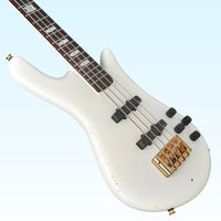 Angled close up view of Spector Doug Wimbish Euro 4 Signature Bass Guitar (Aged White) on blue background
