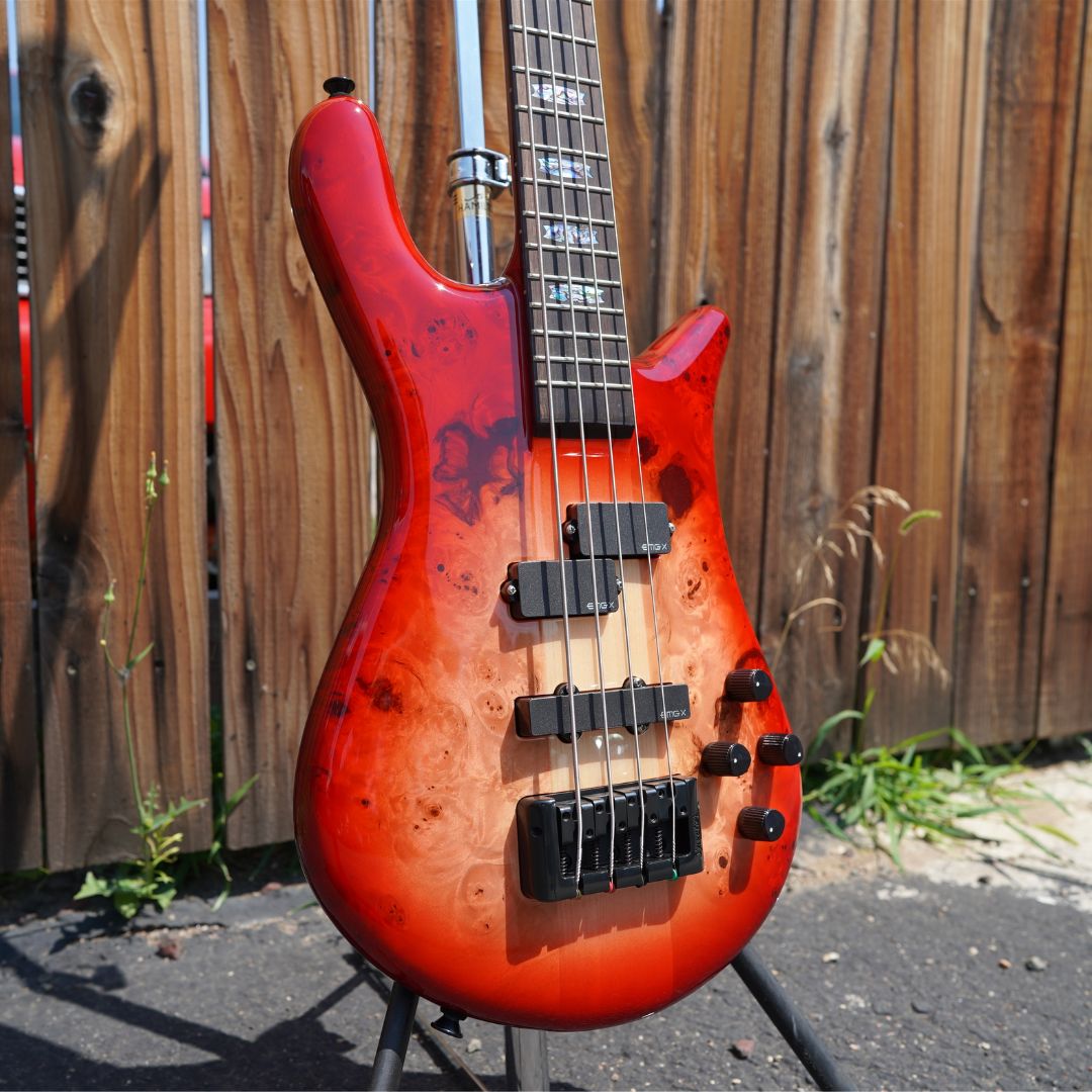 Close up angled front view of Spector Euro 4 CST Bass Guitar Natural Red Burst Gloss outdoor with wooden fence background