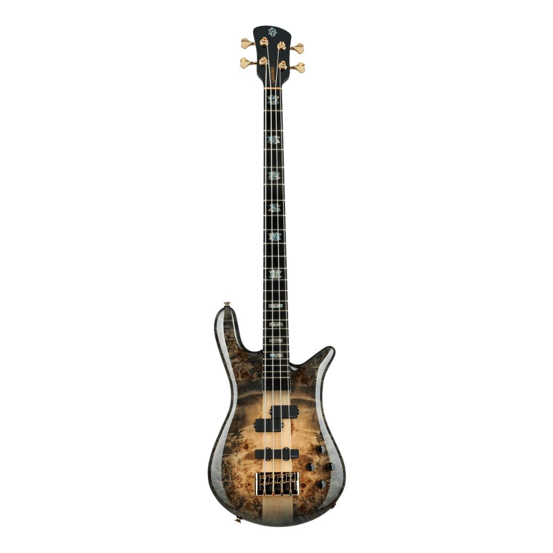 Front view of Spector Euro 4 CST Bass Guitar Natural Black Burst Gloss on white background