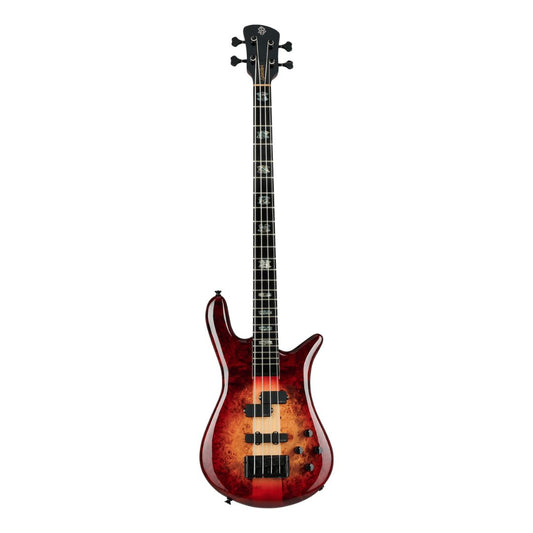 Front view of Spector Euro 4 CST Bass Guitar Natural Red Burst Gloss on white background