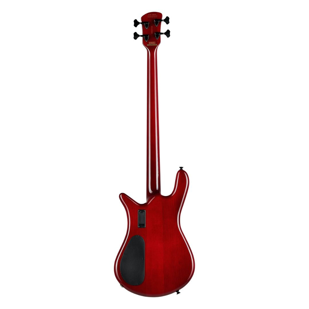 Rear view of Spector Euro 4 CST Bass Guitar Natural Red Burst Gloss on white background