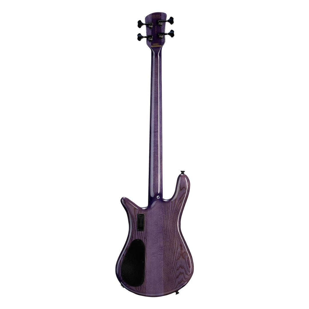 Rear view of Spector Euro 4 CST Bass Guitar Natural Violet Burst Gloss on white background