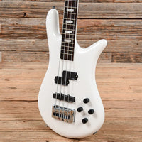 Angled close up view of Spector Euro 4 Classic Bass Guitar Solid White in wooden room