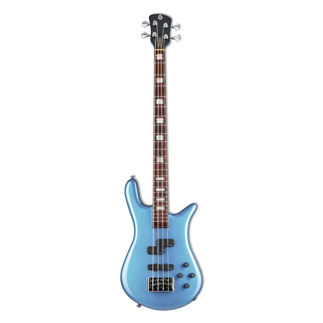 Front view of Spector Euro 4 Classic Bass Guitar Solid Metallic Blue Gloss on white background