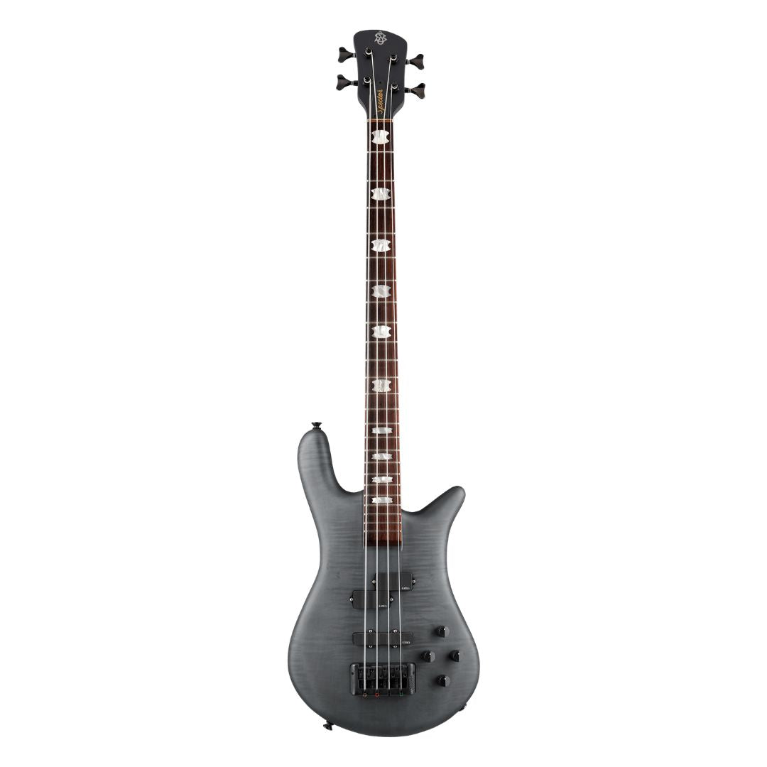 Front view of Spector Euro 4 LX Bass Guitar Transparent Black on white background